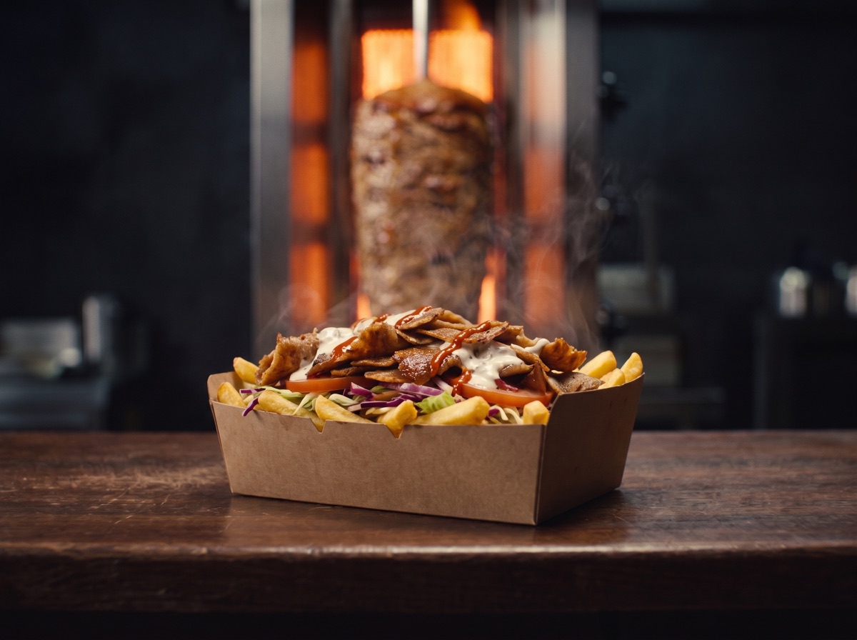 A döner box with meat over fries and salad, drizzled with sauces.