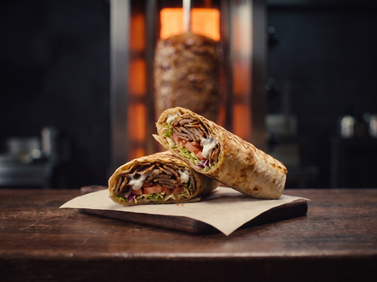 A dürüm wrap, grilled flatbread rolled tight around döner meat and salad, cut in half.
