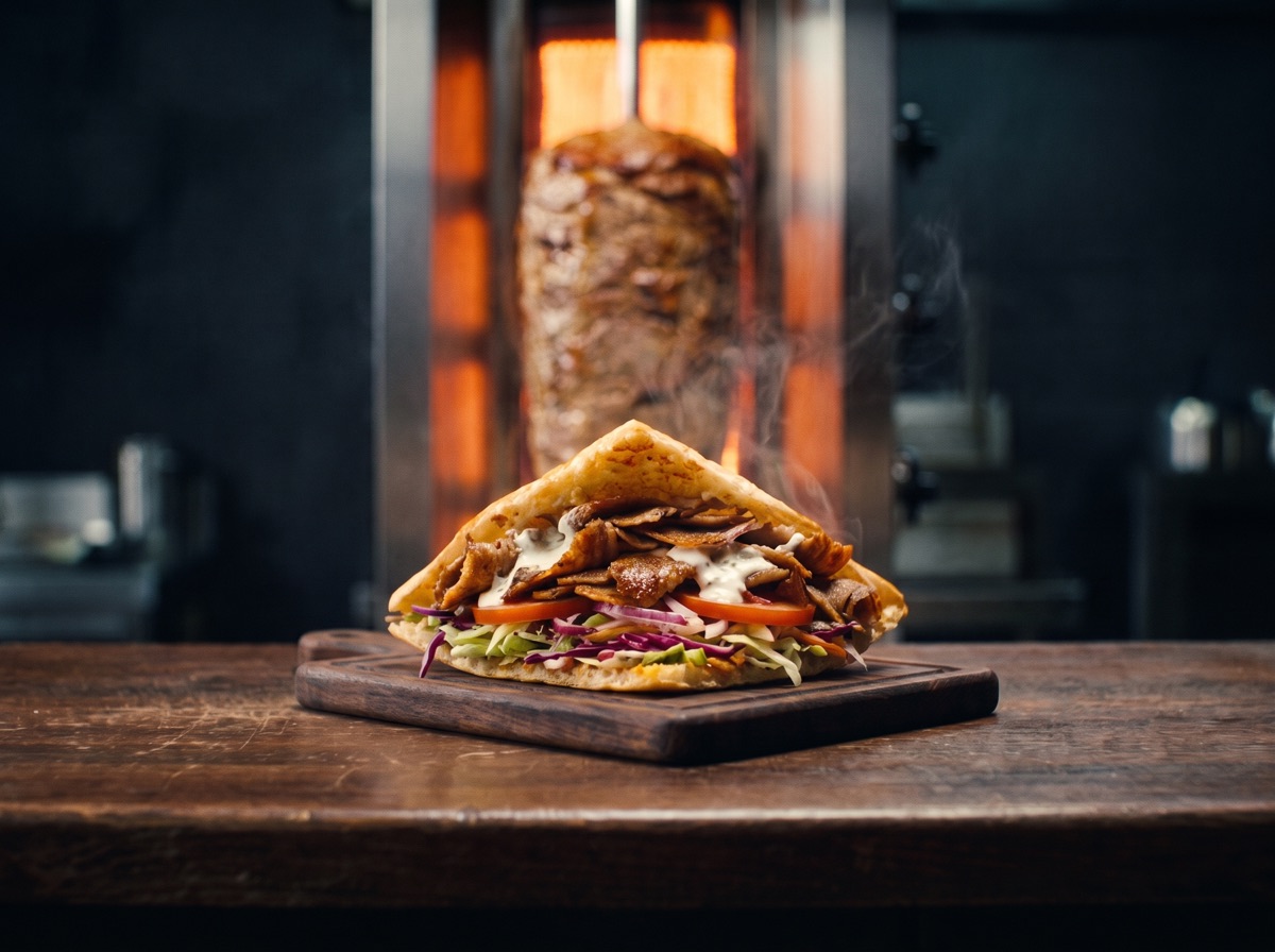 A döner sandwich in a toasted wedge of Turkish flatbread, stuffed with shaved meat, salad, and garlic sauce.